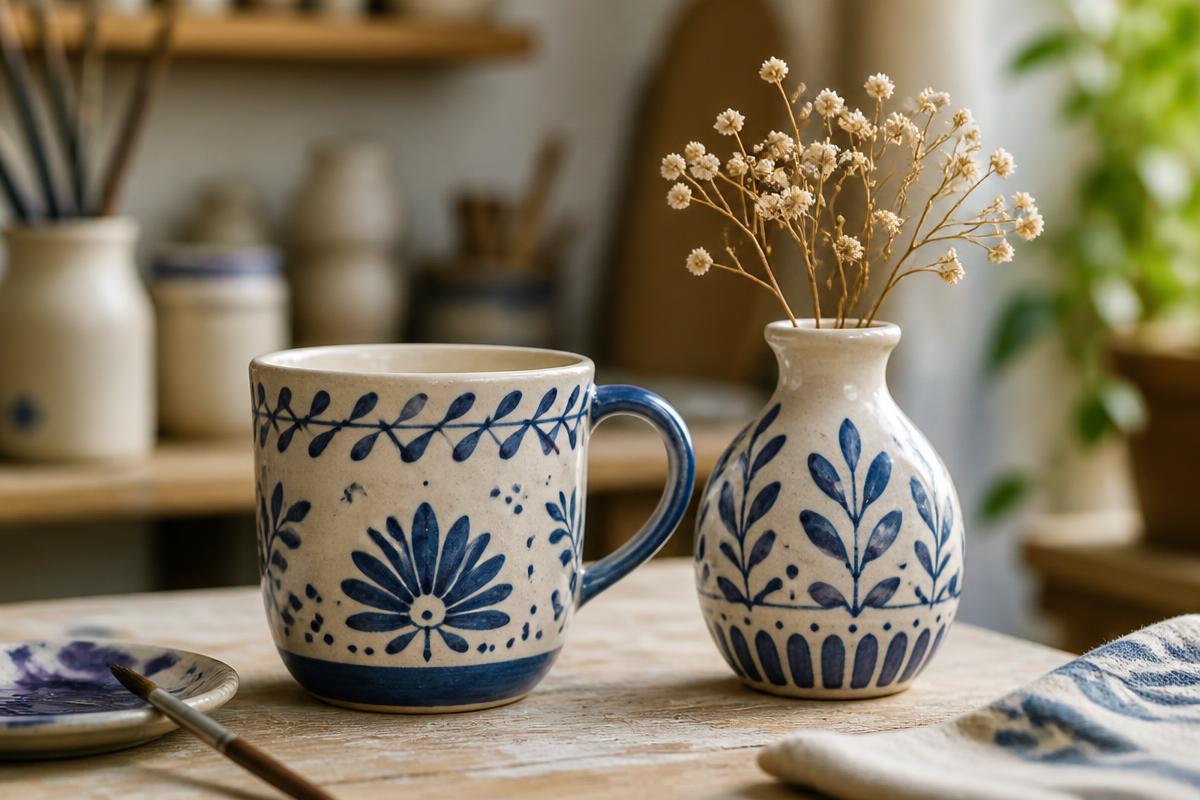 Caneca e vasinho de cerâmica pintados à mão